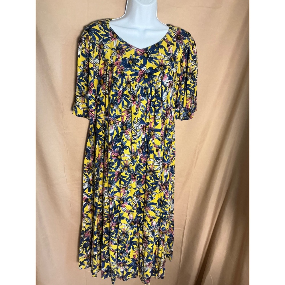 Go Softly Patio Floral Midi Dress Womens Small Yellow Rayon Daisy Print Dress